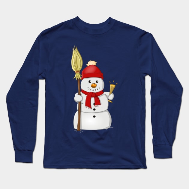 Cartoon style drawing of a funny snowman with red bonnet Long Sleeve T-Shirt by Stefs-Red-Shop